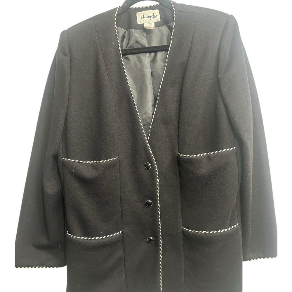 HENRY LEE VINTAGE BLAZER WOMEN’S SIZE 16 BLACK WHITE TRIM POCKETS BUTTON FRONT